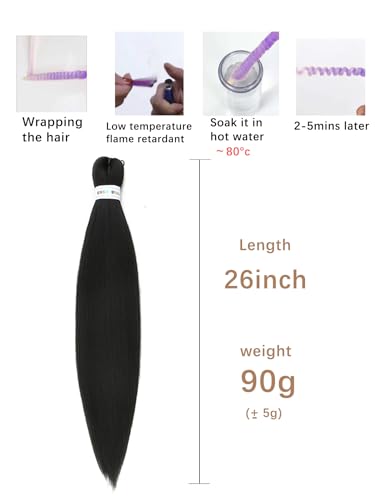 Pre Stretched Braiding Hair Long Braid 26 Inch,#1B Color 3 Packs Braiding Hair Extensions Professional Itch Free Hot Water Setting Perm Yaki Texture Prestretched Braiding Hair(1B,3pack) - Image 6