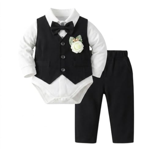Image of Dressy Daisy Baby Boy 5 Piece Formal Suit Set for Wedding and Birthday | Vest, Shirt, Pants, Bow Tie, Boutonniere, Christening, Holiday Photoshoot Outfit