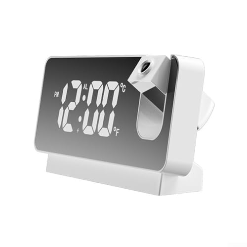 Pumixiy Reloj de proyección digital LED con acabado de espejo para uso en casa, oficina, dormitorio, muestra la fecha y el reloj despertador de proyección de pared o techo (luz blanca y blanca)