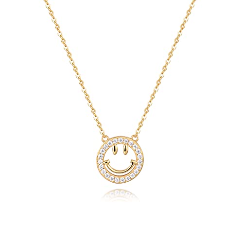 Preppy Aesthetic Cute Smiley-Face Necklaces Stud-Earrings - Gold and Silver Plated Happy face with Cubic Zirconia Simulated Diamond Y2K Jewelry Gifts for Girls and Women.