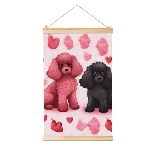 Toile murale caniches roses pour habiller un mur vide avec un cadre en bois chic