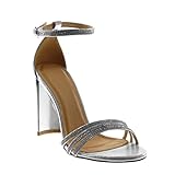 sandalias plateadas tacon fino  Angkorly - Zapatillas Moda Sandalias Correa de Tobillo Mujer Strass Diamante Tacón Ancho Alto 10 CM - Plata 19 628-170 T 39