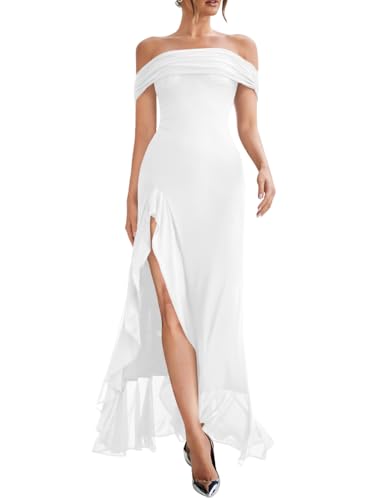 LAGSHIAN Women's Sexy Formal Off Shoulder Sleeveless High Split Ruffle Evening Party Maxi Dress