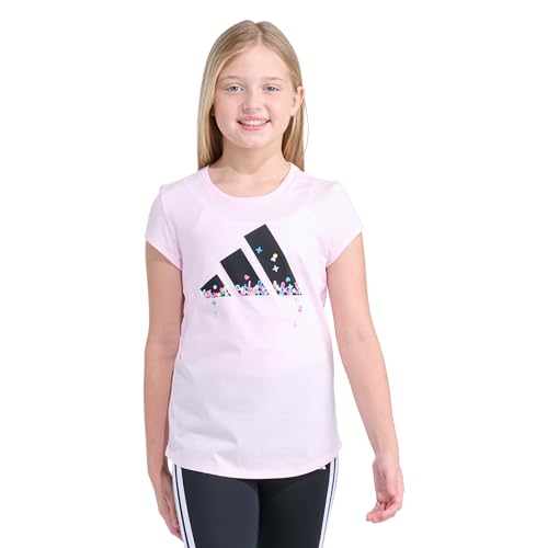 adidas Girls’ Short Sleeve Logo Graphic T-Shirt – Soft Cotton or Cotton Blend Jersey Tee, Ribbed Crewneck, MED Pink, M