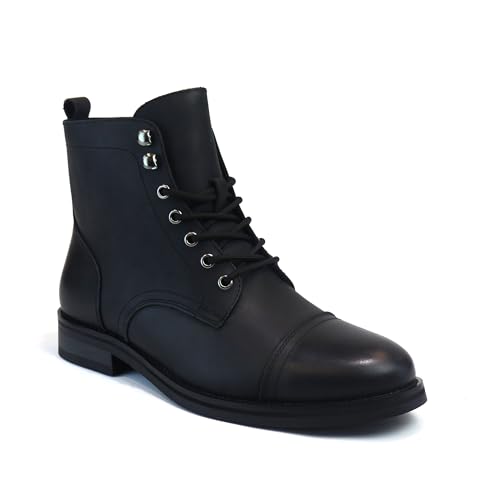 Men's Cap Toe Genuine Leather Boots Ankle Lace-up Fashion Black Leather 12