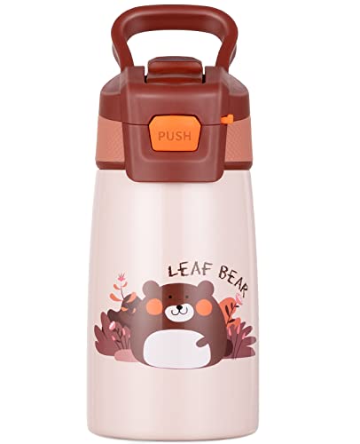 Gourde thermique 350 ml avec paille, Bouteille d'eau en acier inoxydable Sous vide à double paroi pour l'école de camping extérieur Excursionisme (Marron, Ourse) Cover