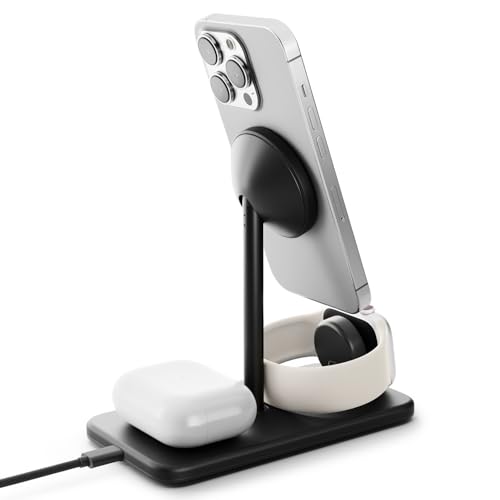 Image of Twelve South HiRise 3 Deluxe Twelve South 3-in-1 MagSafe + Qi2 Charging Stand for iPhone, Watch, and AirPods, Black