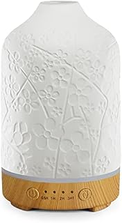 Ceramic Ultrasonic Aroma Oil Diffuser 100ml Aromatherapy Essential Oil Diffuser Whisper Quiet Humidifier Timer Adjustable Mist Mode 7 Colors LED Lights Changing for Home Office Plum Blossom (White)