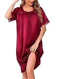 Lovasy Satin Nightdress for Women UK Silk Nighties for Women Ladies Short Sleeve Lace Trim Satin Night Dress Nighty Nightwear,Purplish Red,XL