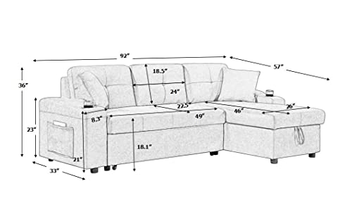 Biadnbz Sleeper Sectional Sofa Convertible With Pull Out Bed And Reversible Storage Chaise, L-Shape Corner Couch W/2 Cupholders, Side Pockets&Pillows, For Living Room Apartment, Dark Gray #TOP1