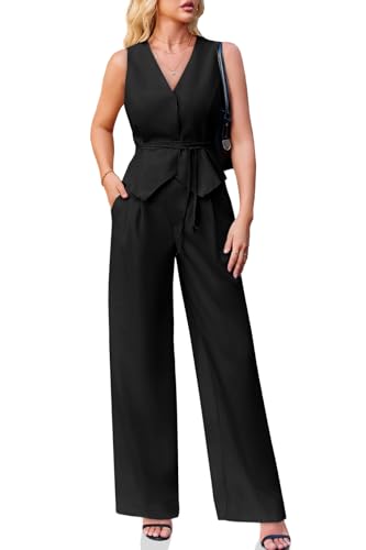 Cicy Bell Women's 2 Piece Outfits Sleeveless Tie Waist Suit Vest and Wide Leg Pants Business Casual Blazer Sets