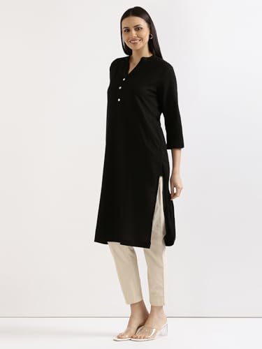 Image of SAADAA Women's Linen Straight Fit Straight Long Kurta Airy Plain Kurta, 3 /4 Sleeve, Knee Length Kurtis with Pockets, Casual and Office Wear