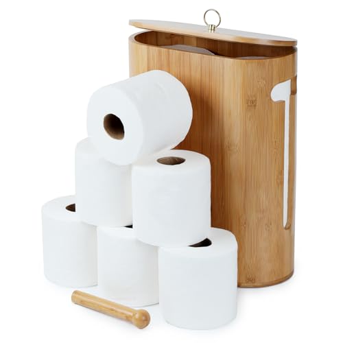 Gobam Bamboo Toilet Paper Storage with Dual-Use Lid, Freestanding Bathroom Tissue Organizer with Viewing Slot, Built-In Handle, Anti-Slip Base, Compact Toilet Paper Holder Stand for up to 6 Mega Rolls