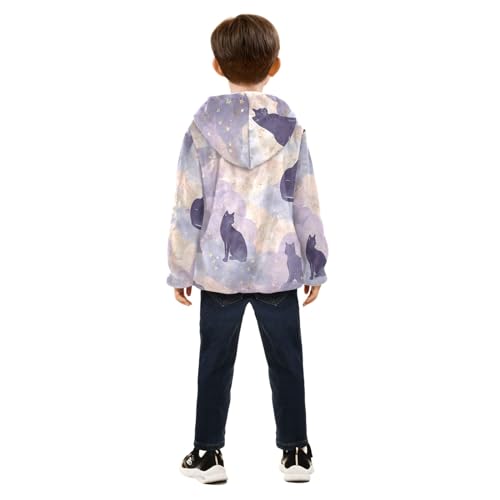 Boys Girls Fleece Jacket Stars Clouds Moon and Black Cats Kids Warm Hooded Outwear Coat4