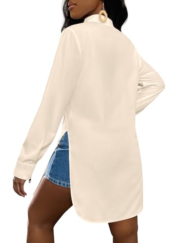 Image of LYANER Women's Collar Neck Long Sleeve Button Down Shirts Sexy Split Hem Tops Long Blouse Shirt Dress