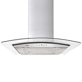 Glen 60cm, 1000 m3/hr Curved Glass Wall Mounted Kitchen Chimney Push Buttons Baffle Filter (6071 EX, Silver)