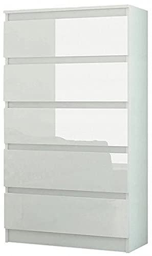 Framire R-5 T-2 Kommode, weiße Kommode, Glanz auf den Fronten Schubladen, Kommode mit 5 Schubladen, Schrank für Schlafzimmer, Wohnzimmer, Bad, 120 x 70 x 40 cm Cover