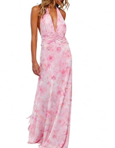 Open Back Dress Womens Floral Summer Sleeveless Halter V Neck Backless Mesh Maxi Low Cut Bodycon Tie Back Elegant Semi Formal Vacation Cocktail Wedding Guest Dresses S