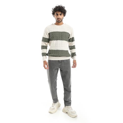 Andora Long Sleeves striped Round Neck Sweater_ olive_ 5XL