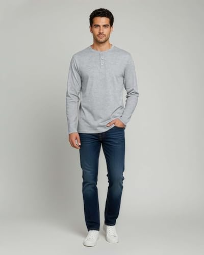 Image of Real Essentials 3 Pack: Mens Casual Long & Short Sleeve Cotton Henley Lightweight Button T-Shirt, Long Sleeve - Set