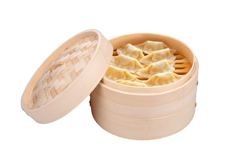 Bambus Dampfkorb - Dampfkorb mit 2 Etagen - 20 x 13,5 cm - 100% Bambus - Dampfen über Topf - Geeignet für Teigtaschen, Gemüse, Reis und mehr - mit Deckel, Braun
