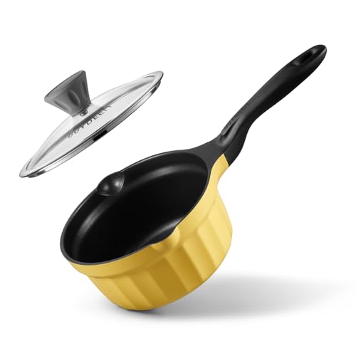 BUYDEEM Cheflite Casserole antiadhésive avec couvercle, 1,9 l, jaune doux, petite casserole à lait pour la cuisine, compatible avec tous les poêles, casseroles à...