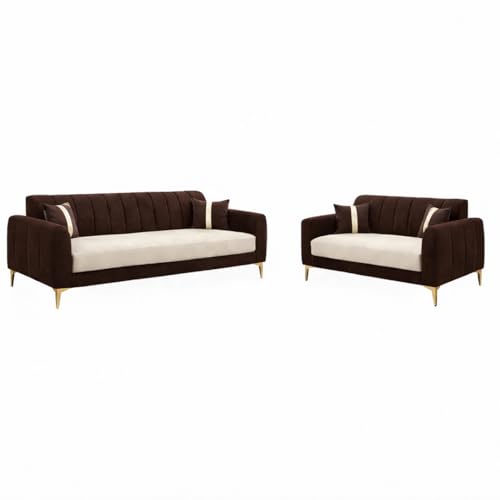 Image of Hermione Luxe Velvet-Suede Fabric 3 Seater + 2 Seater Sofa Set | Golden Legs | Comfortable & Spacious Seating | Modern Sofa Set for Living Room - Dark Brown & Cream