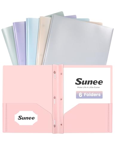 SUNEE 3-Prong Plastic Folders with Pockets (6 Pack Pastel Colors) 2 Pocket Folders with Fasteners Tear-Resistant Plastic Pockets and Fit Letter Size Paper Use for School Office Home Business