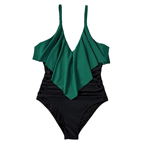 SUUKSESS Women Slimming Ruffle One Piece Swimsuits Ruched Tummy Control Bathing Suits (Deep Green Black, XL) - Image 3