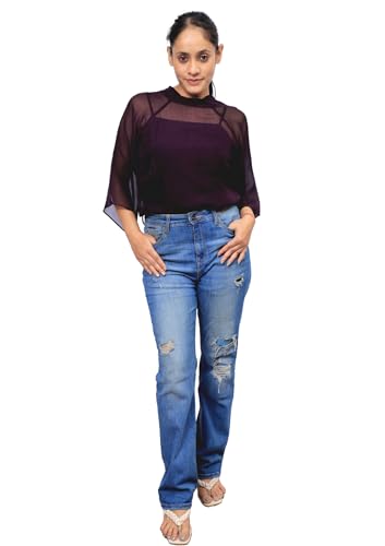 Image of Women's High Neck Sheer Sleeve Top, Light Blue, Oversized Fit, Summer Style