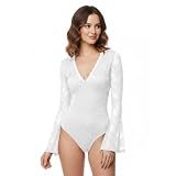 JGOLDME Women's Long Sleeve Lace Bodysuit, White V-Neck Bell Sleeve Thong Leotard Top...