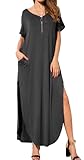 GRECERELLE Women's Maxi Dress Summer Casual Loose Side Split Short Sleeve V Neck Long Dresses with Pockets, Dark Gray, Medium