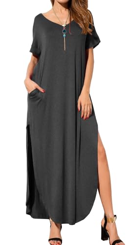 GRECERELLE Women's Maxi Dress Summer Casual Loose Side Split Short Sleeve V Neck Long Dresses with Pockets, Dark Gray, Medium