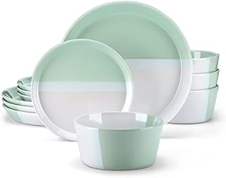 vancasso Dinner Sets, Blue Reactive Glaze Crockery Set, 12-Piece Ceramic Plates and Bowls Set with Dinner Plate, Dessert Plate and Pasta Bowl. Chrysanthemum Embossed, Service for 4