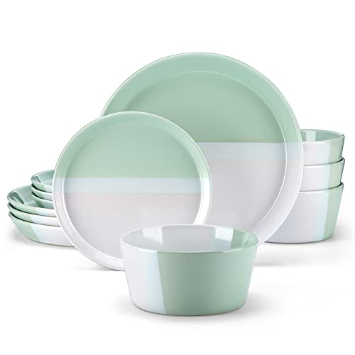 Vancasso Adne Dinnerware Sets, 12-Piece Plates And Bowls Sets - Service For 4, Microwave And Dishwasher Safe, Green&White #TOP15