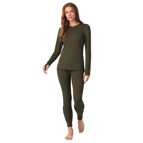 Cuddl Duds Womens Heavyweight Fleece 2 Piece Long Sleeve Thermal Underwear Set – Shirt & Leggings Base Layer for Cold Weather – Winter Clothing Long Johns Lounge Sets for Women, Green, M