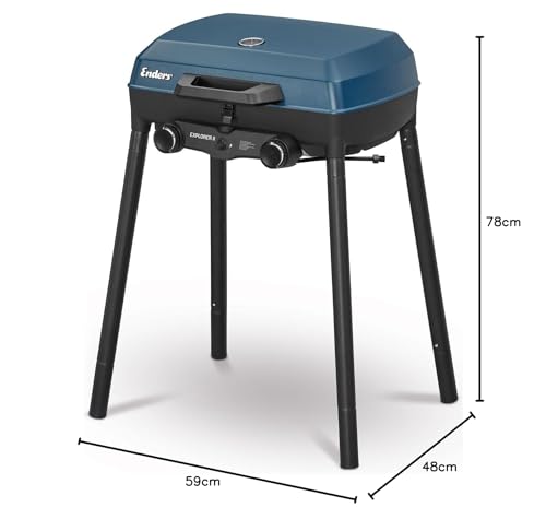 Enders® Camping Gasgrill EXPLORER II, integriertes Grill-Thermometer, Grillen-, Kochen-, Backen Funktion, 2 Brenner Edelstahl, kleiner Balkon-Picknick-Grill - Stahl-Grillwanne, #2104