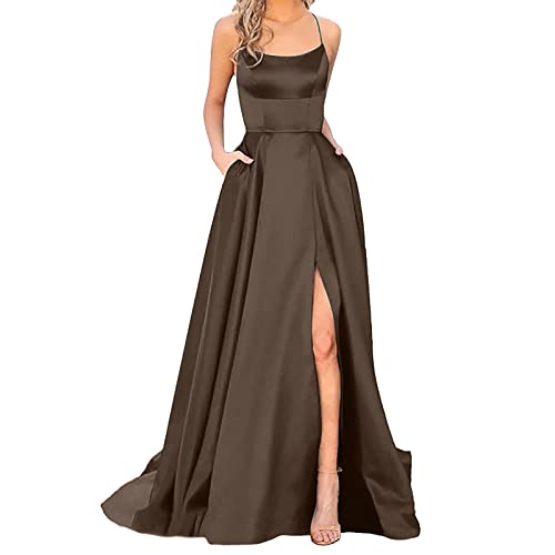 Saingace Damen Elegant Lange Ballkleider mit Taschen Satin A-Linie Backless Hochzeitskleid Abendkleider Sexy Neckholder Spaghetti Brautkleid Kleider Prinzessin Brautjungfer Kleid (01#_Braun, 3XL)