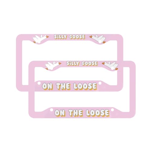 2 Pack Pink Silly Goose On The Loose License Plate Frames Stainless Steel Cute License Plate Holders Covers with Screws Fasteners Caps