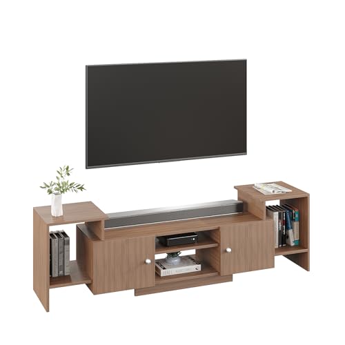 Image of FURNEASER Eptimal Modern Wooden TV Unit for Living Room | Engineered Wood Entertainment Center with Storage | TV Stand for 65 Inch TVs | TV Cabinet with Shelves & Doors | Exotic Teak | 160 cm Length