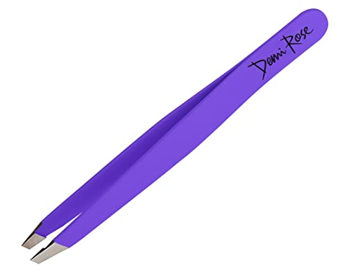 Demi Rose Tweezers for Women Facial Hair, Professional Grade Stainless Steel Eyebrow Tweezers Precision - Non Slip Grip, Slant, Sharp Ingrown Hair Removal Tweezers for Men (Purple)