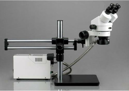 Image of AmScope SM-5BZ-FOR Professional Binocular Stereo Zoom Microscope, WH10x Eyepieces, 3.5X-90X Magnification, 0.7X-4.5X Zoom Objective, Fiber-Optic Ring Light, Ball-Bearing Double-Arm Boom Stand, 110V-120V, Includes 0.5X and 2.0X Barlow Lenses