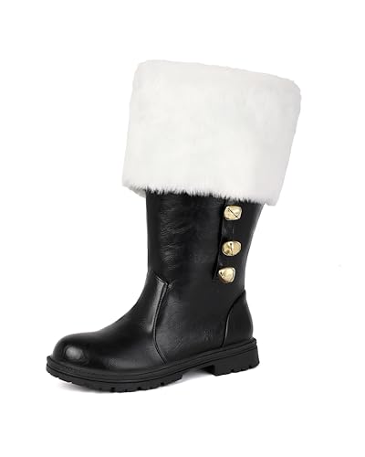 Pesmotiv Christmas Santa Claus Mens Boots with Wide Calf & Zipper Fuzzy White Cuff & Jingle Bells | Black Holiday Shoes for Xmas Party Costume Gift