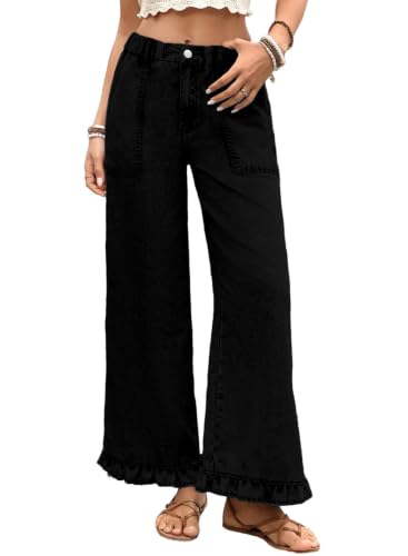 Astylish Women Wide Leg Jeans High Waisted Stretchy Jeans,Black,Size 12