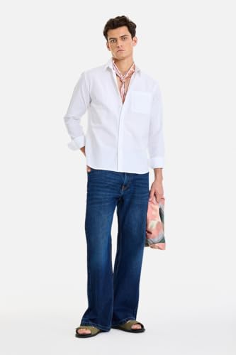 Image of SNITCH Men Flared Fit Jeans | Mid Rise Stone-Washed Denim with Raw Frayed Hem & 5-Pocket Design | 100% Cotton Woven Fabric for Casual & Everyday Wear