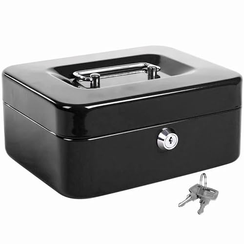 Caja Caudales con Llave para Contar y Transportar Dinero, Caja Fuerte Portátil con Portamonedas, Ideal para Guardar Monedas, Billetes y Joyas (20x16x9cm, Negro)