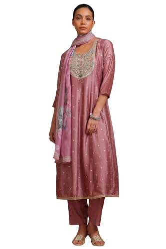 Image of Soch Womens Blush Pink Vichitra Solid Suit Set With Zardosi