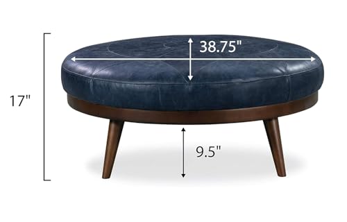 Image of POLY & BARK Gio Ottoman - 30 inch Round with Feather-Down Topper - Full-Grain Leather Upholstery - Couch Ottoman for Living Room - Vintage Italian Leather in Midnight Blue