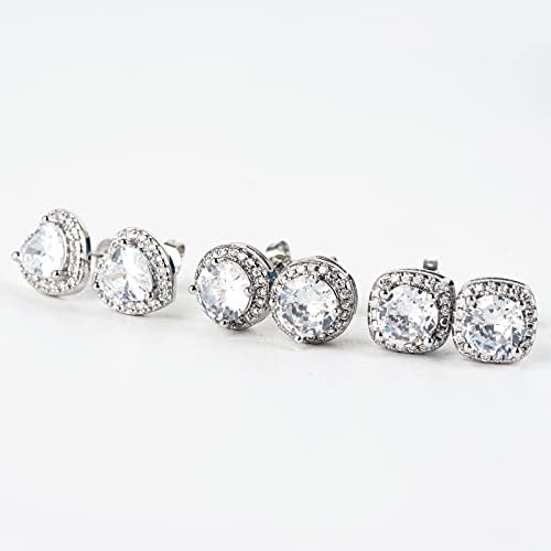 Yongkaida Studs Earrings for Women,Copper Plated 925 Silver, Square, Heart-Shaped Cubic Zirconia Imitation Diamond Halo Earrings (3 Pairs)