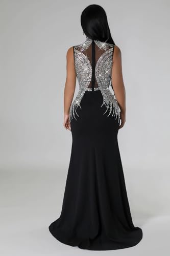 Image of Nagfar Women Rhinestone Sexy Dress with Slit & Sheer Mesh Club Dresses Brithday Party Evening Gown Night Outfits(SK3127-Black-S)
